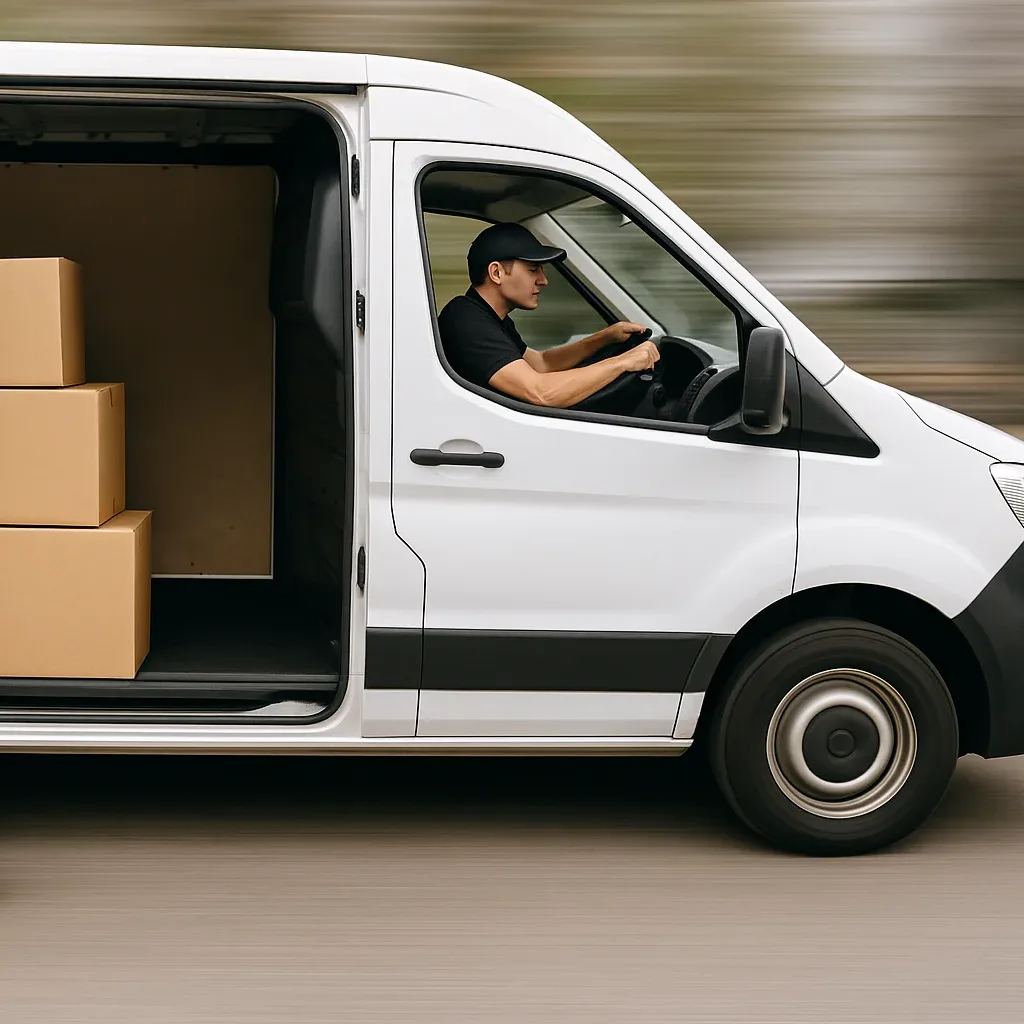 Furgoneta en movimiento transporte de mercancias